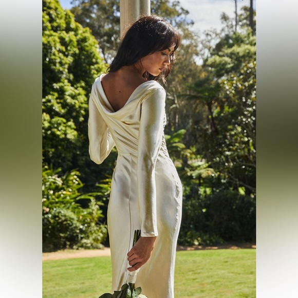 Silky Ivory Cowl Back Satin Maxi Dress - Picture 4 of 5
